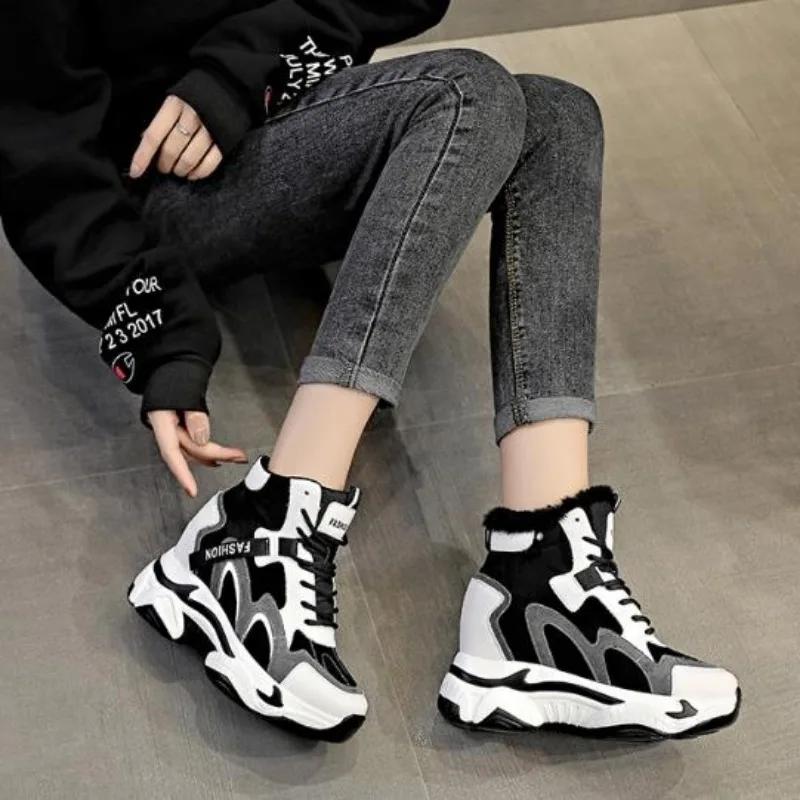 Fashion Top Quality 9CM Genuine Leather Platform Sports Shoes for Women Sneakers Girl Flats Winter Tennis Female Warm Ankle Fur Boots