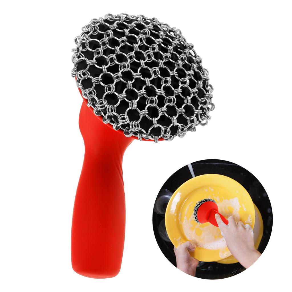 Cast Iron Scrubber with Silicone Handle Kitchen Rust Pot Pans Cleaning Brush Rust Remover Stubborn Stain Metal