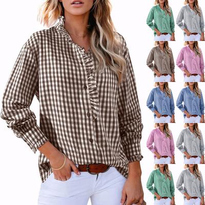 Women's Casual Fashion Plaid Ruffled Loose V-neck Shirt