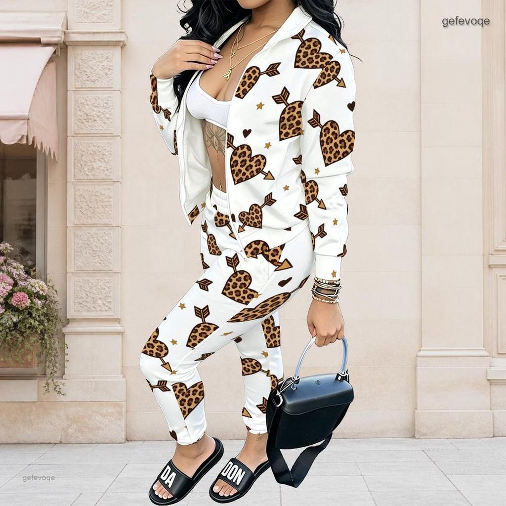 Women Plus Size White Printed Stand Collar Long Sleeve Zip Front Jacket And Long Pants Set