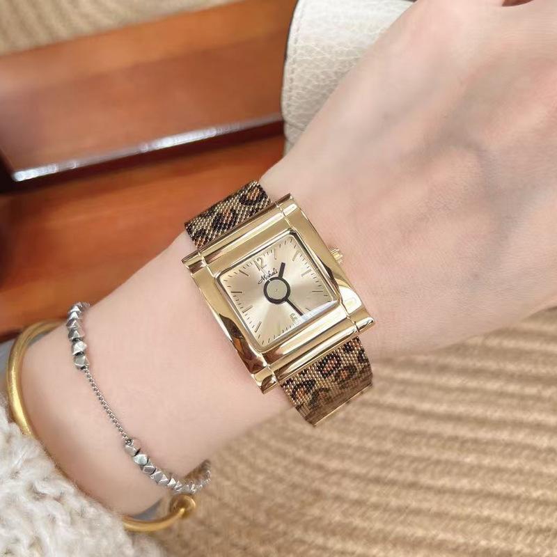 Trendy Fashion Steel Belt Leopard Print Mesh Belt Square Watch Women S Watch European Station Style Personality