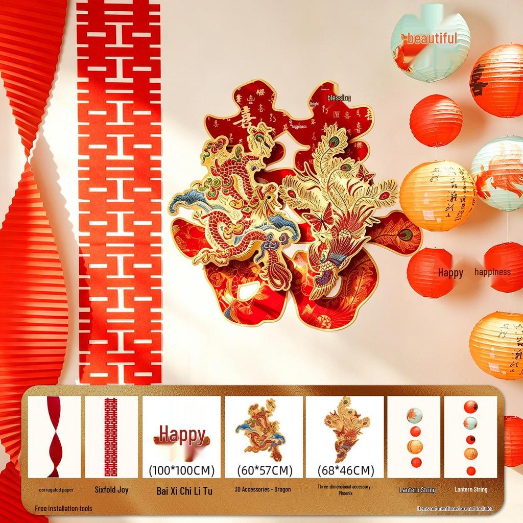 3D Dragon and Phoenix 'Xi' Character KT Board for Wedding Room Atmosphere - Living Room, Bedroom, or Bedside Wall Decoration
