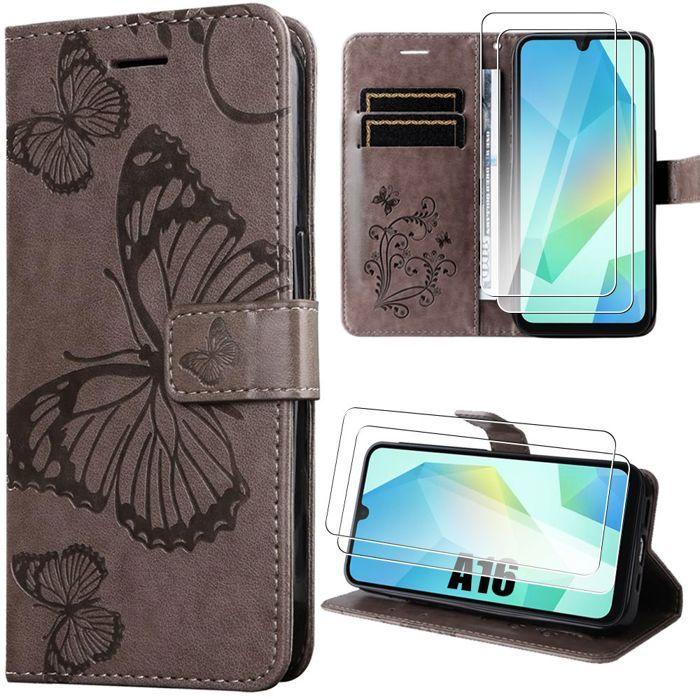 Coque - BOOLING - Samsung Galaxy A16 4G/5G - Effet Cuir Marron Papillons - 2 Verres Trempés