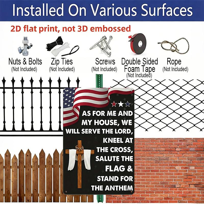 2D Flat Patriotic Christian Metal Sign, "As for Me and My House We Will Serve The Lord" Quote, 8×12 Inch Aluminum Wall Art, The Cross and The