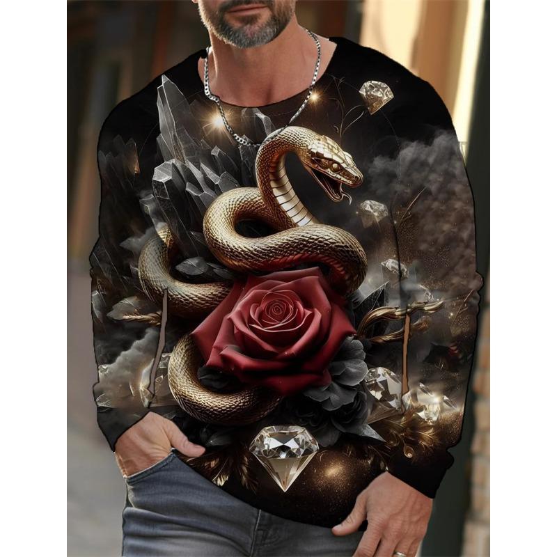 Spring and Autumn Round Neck 3D Snake Pattern Printed Top Fashionable Casual Long Sleeved Men's T-shirts