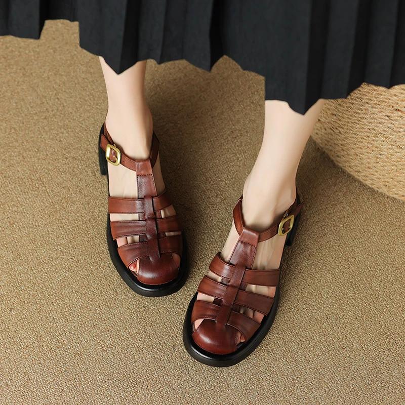 Fashion New Summer Sandals Genuine Leather Luxury Roman Sandals Casual Buckle Strap Summer Shoes GLADIATOR Thick Heel Women Shoes
