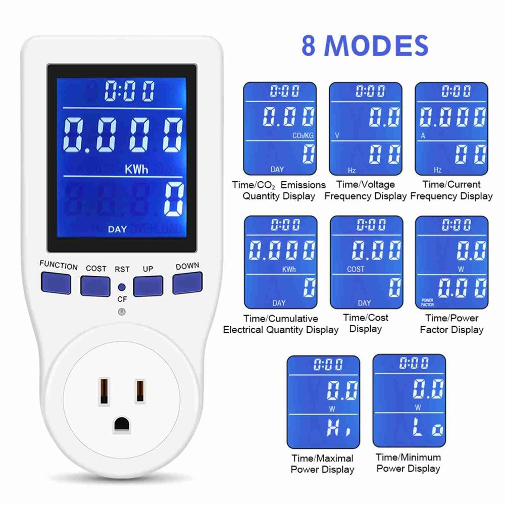 Langlebiger weißer Leistungsmesser mit Hintergrundbeleuchtung, Vollbild-Energiezähler, LCD, US-Stecker, CO2-Monitor, Elektrischer Test