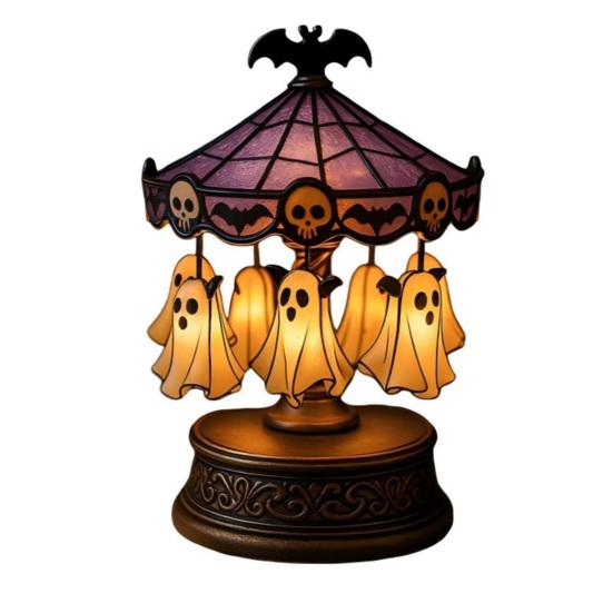 xiaobudian Ghost Carousel Light, Halloween Night Gothic Stained Glass Shade with Floating Ghosts/Pumpkins, Spooky Table Lamp for Bedroom Home