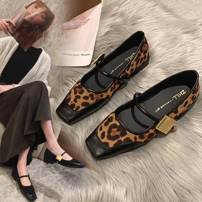 A1001-4 Retro Leopard Print Light Mouth Women's Single Shoes Mary Jane Thick Heel Square Head Widened and Fattened Large Size Women's Shoes 44-45