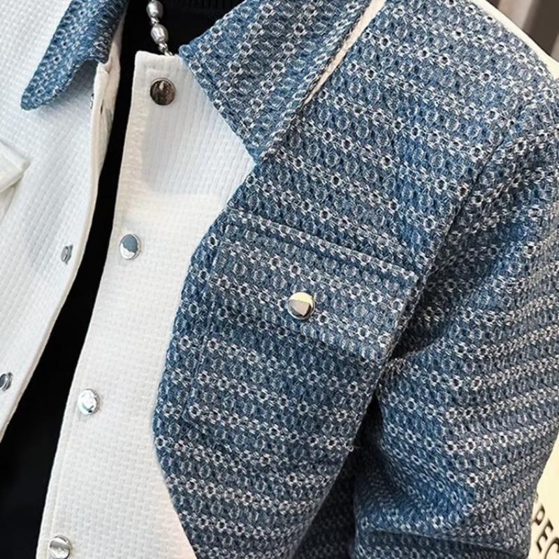 Men's Blue Denim Patchwork Jacket: Trendy Niche Design for Autumn.