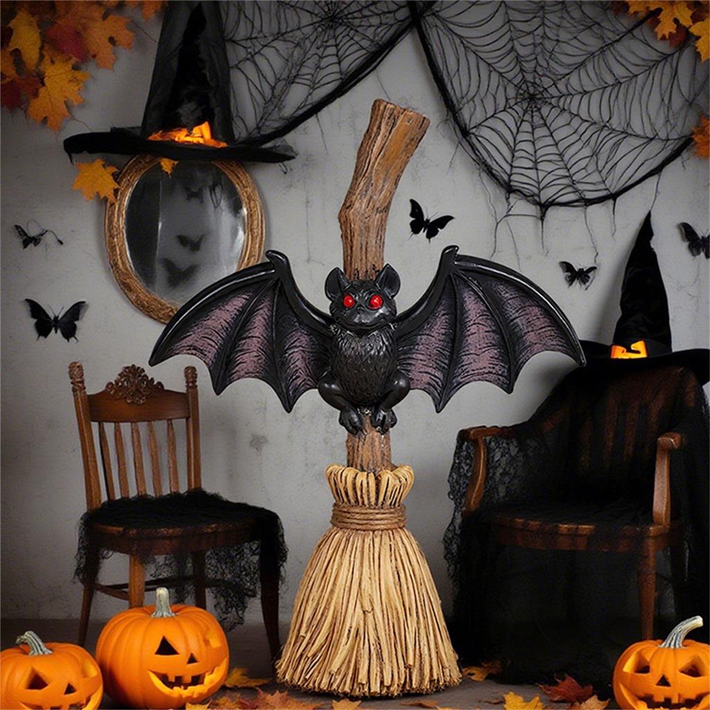 Halloween Bat Ornament Spooky Halloween Broom Bat Figurine With Eyes Handmade Resin Bat Decoration For Indoor Outdoor For Patio