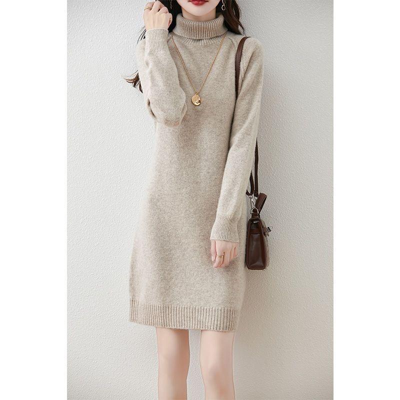 Pile collar warm bottom pullover sweater skirt women's autumn and winter new medium and long inner thick knitted sweater dress women