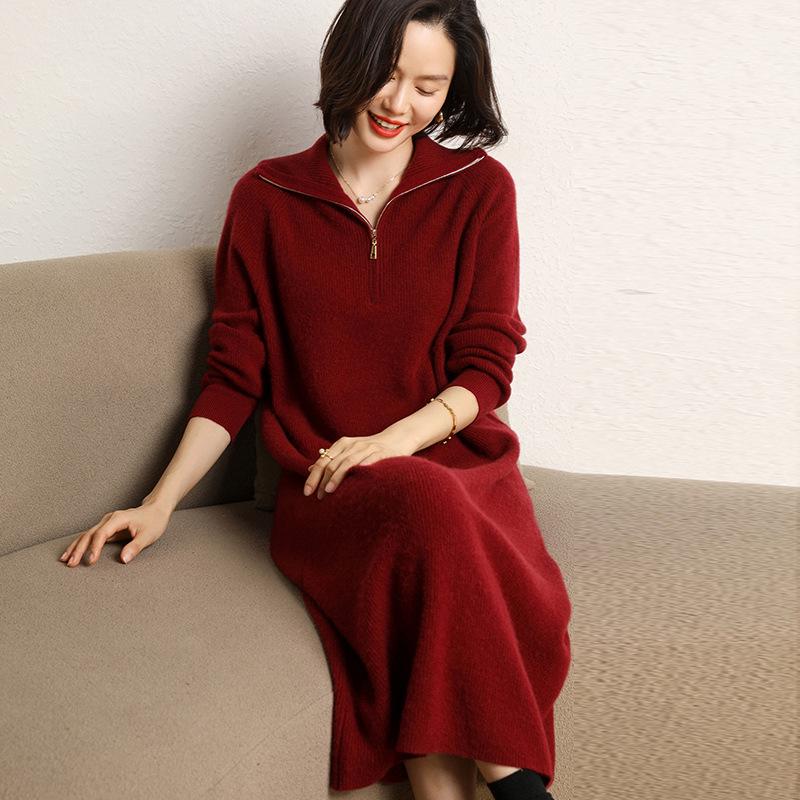 Women's 2024 Autumn Half-Zip Lapel Cashmere Wool Knee-Length Knit Dress