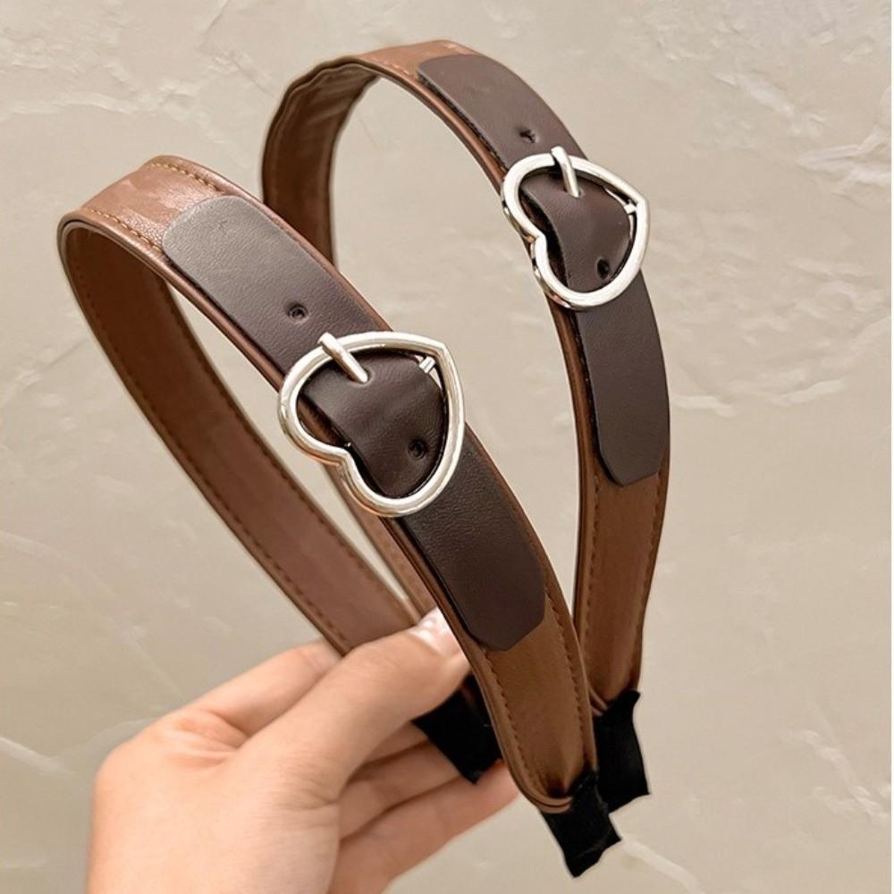 Fashion Leather Headband Coffee Brown Wide Brim Hairband Heart-Shaped Buckle Hair Accessories Head Band