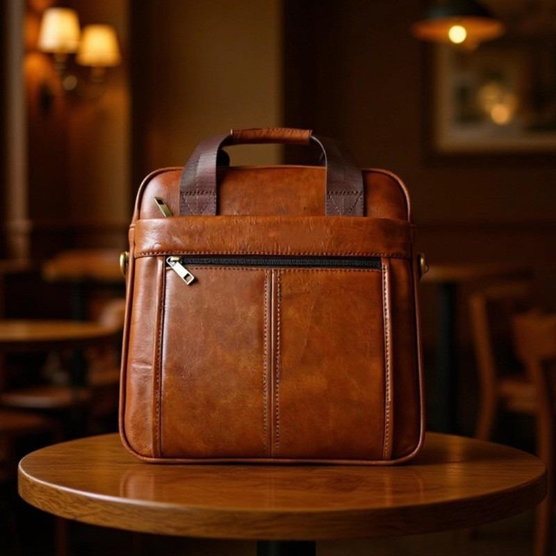 Men's Genuine Leather Vertical Briefcase: Simple Top Layer Cowhide Shoulder & Crossbody Document Bag.