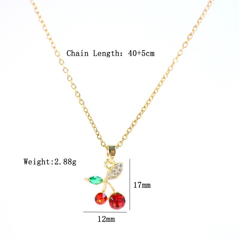 Korean Style Fresh Red Cherry Pendant Titanium Steel Zircon Clavicle Necklace Women Summer Versatile