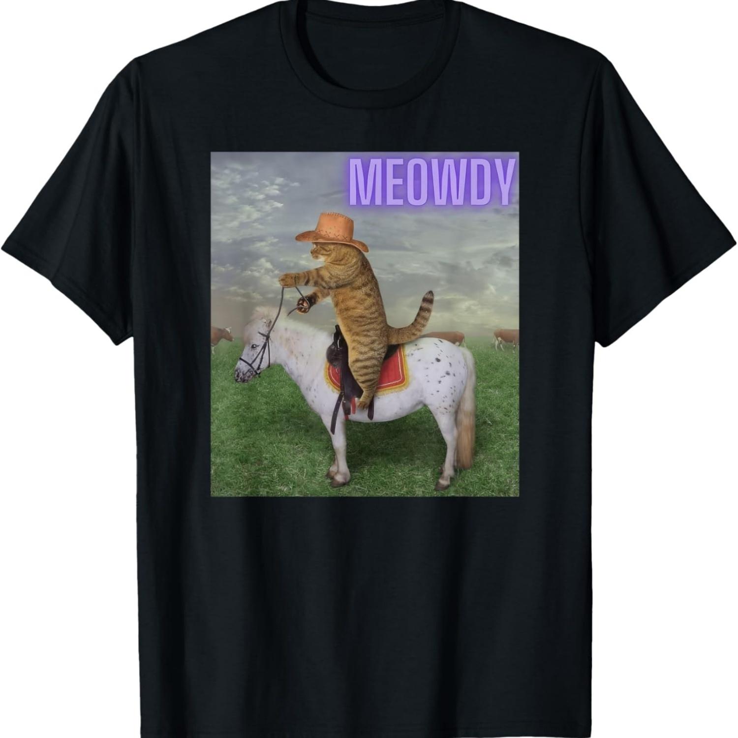 Meowdy Cat Cowboy Horseback Riding Cat Horse Funny Cat Meme T-Shirt S