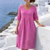 2026 Summer Women's Cotton Linen Loose Pleated Pocket Dress, Round Neck Short Sleeve