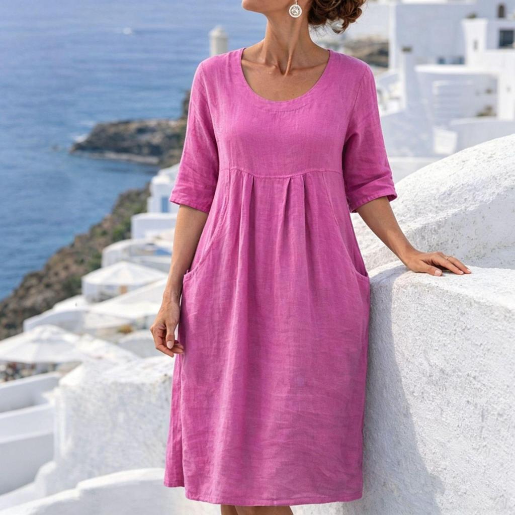 2026 Summer Women's Cotton Linen Loose Pleated Pocket Dress, Round Neck Short Sleeve