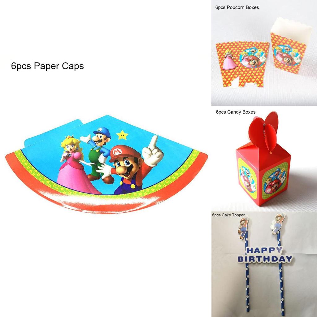 Akcesoria na przyjęcie urodzinowe w tematyce Super Mario z kolorowymi banerami, kubkami i serwetkami
