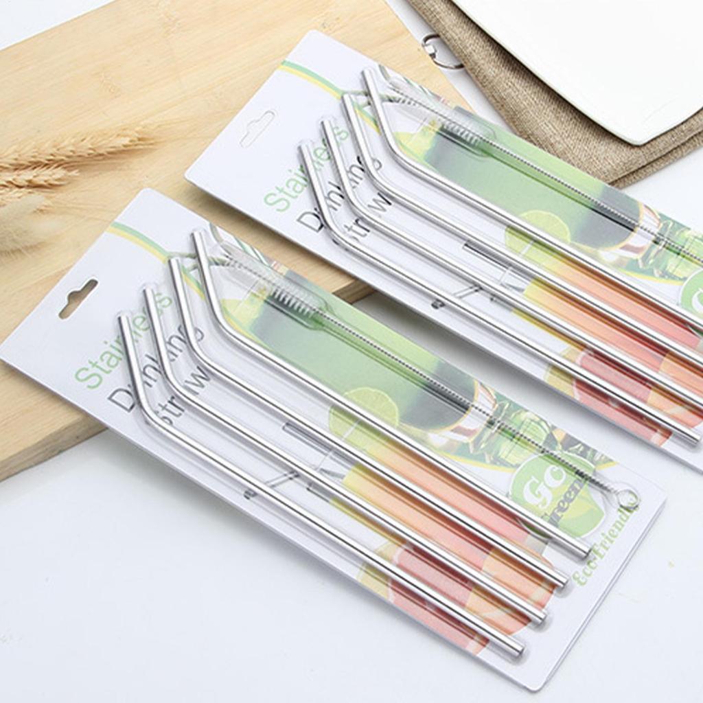 Reusable Silver Straw Set 304 Stainless Steel Straw Straight Bent Drinking Straw With Cleaning Brush Home Bar Accessories