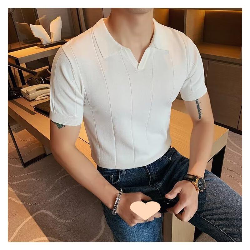 Men's Summer Striped Knit Polo Shirt – Short Sleeve, Slim Fit, V-Collar, Business Casual