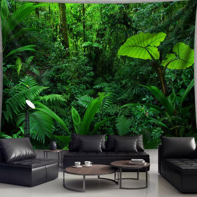 

2D Flat Printed Jungle Forest Tapestry, Vibrant Green Rainforest Wall Art Background Cloth 47.2x31.5inch/120*80cm