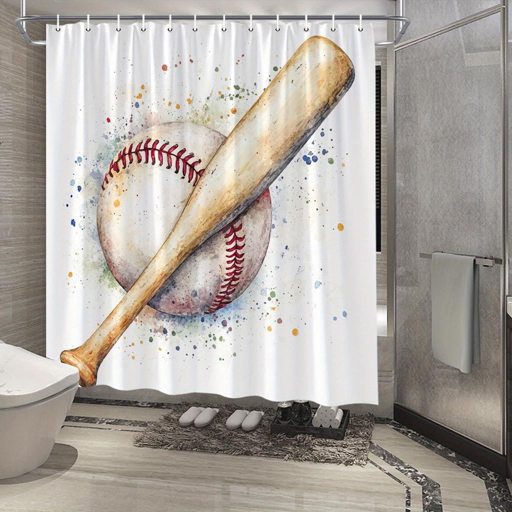 Baseball Shower Curtain - Watercolor Wooden Bat & Ball, Nostalgic Sports Theme, Water-Resistant Polyester