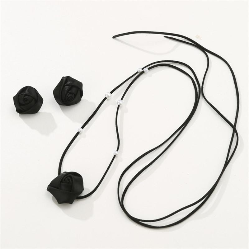 Stylish Camellia Jewelry Set Unique Flower Beaded Necklace and Earrings Floral Theme Neckchain Ear Studs Ornament
