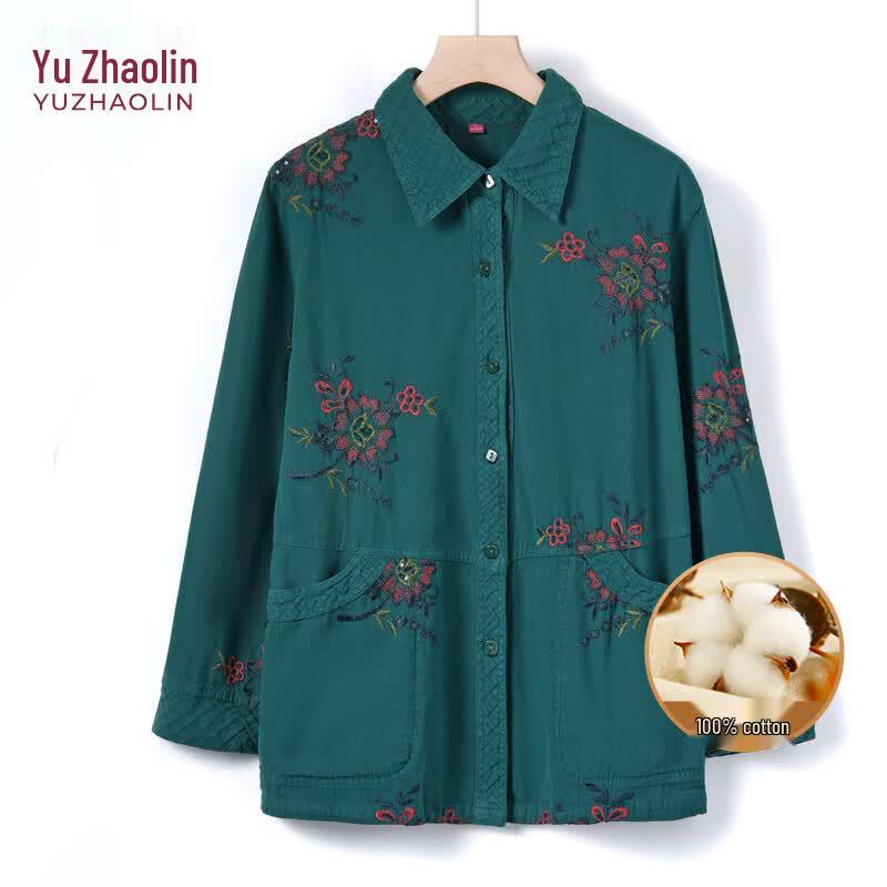 YUZHAOLIN Women's 100% Cotton Embroidered Long-Sleeve Shirt