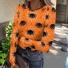 Women Casual Long Sleeve Ribbed Knit Top Halloween Print Round Neck Pullover Slim Fit Stretchy Lightweight Shirt for Fall