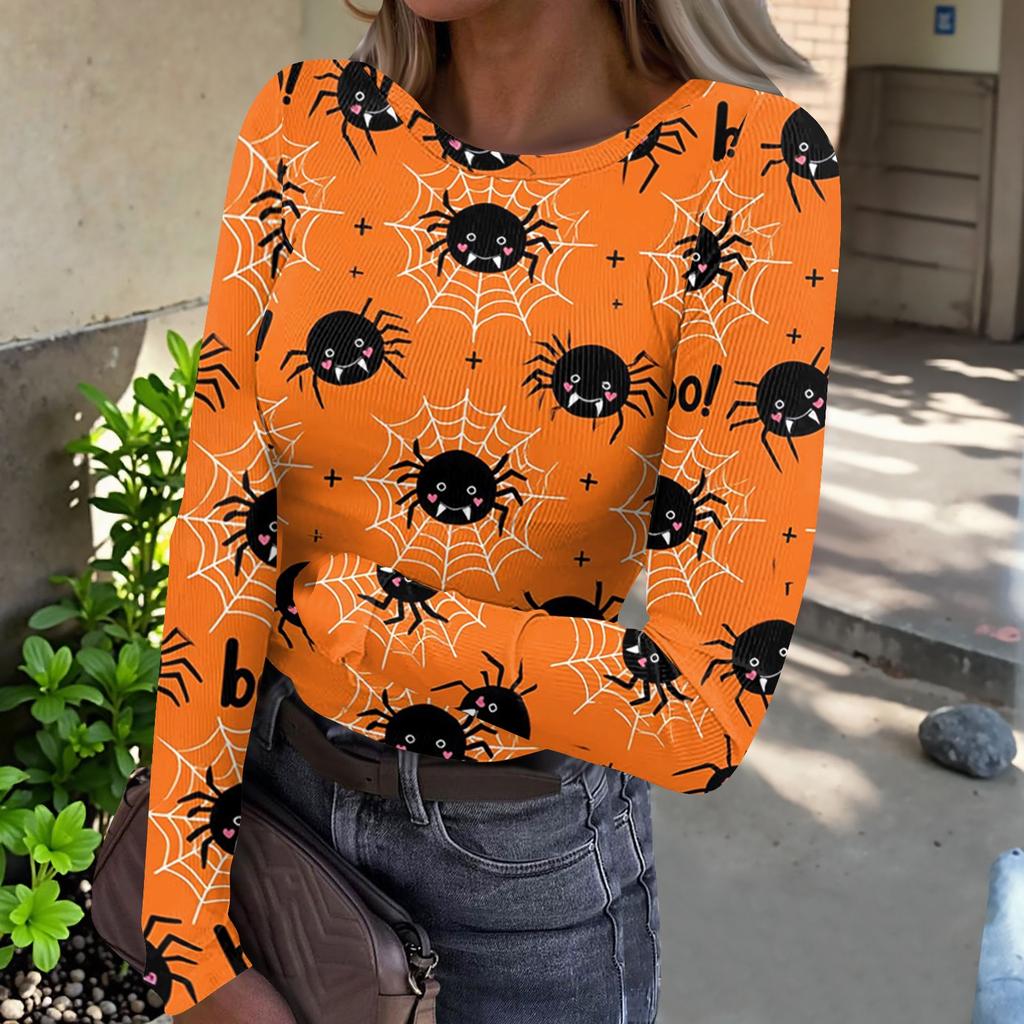 Women Casual Long Sleeve Ribbed Knit Top Halloween Print Round Neck Pullover Slim Fit Stretchy Lightweight Shirt for Fall
