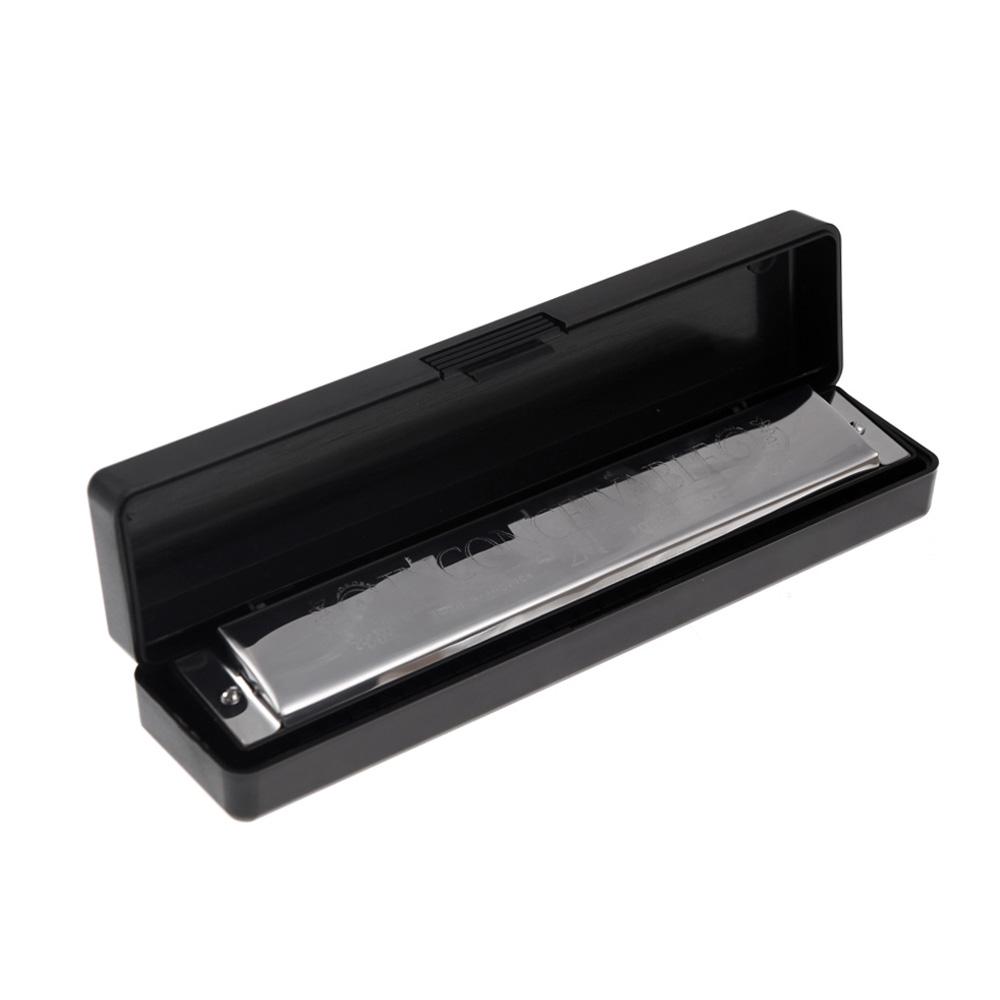 Swan Tremolo Harmonica Mouth Organ 24 Double Holes with 48 Reeds Key of C Free Reed Wind Instrument with Case Silver