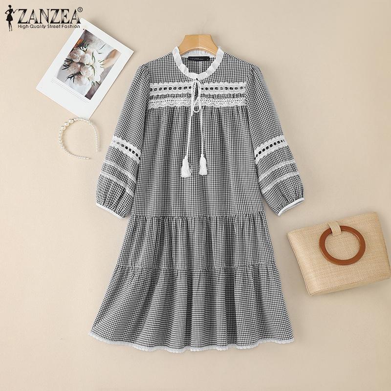 ZANZEA Women Casual Round Neck 3/4 Sleeve Loose Plaid Print Dress