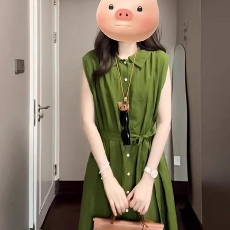 Retro Artistic Green Shirt Sleeveless Dress Women Simple Casual Comfortable Relaxed Atmosphere Long