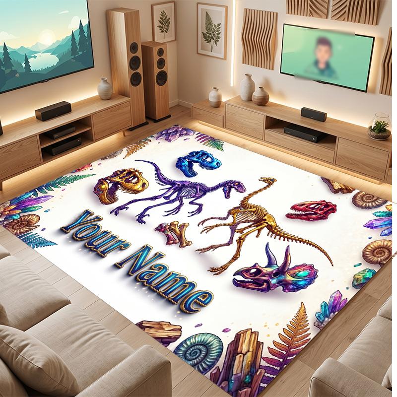 Dinosaur Theme Soft Crystal Velvet Rug Custom Name & Text Print Non Slip Floor Rug for Bedroom Living Room