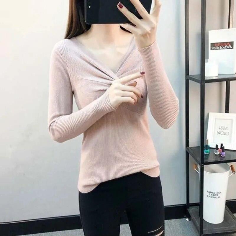 Pullover mit V-Ausschnitt für Damen, schmale Passform, kurzes Oberteil, Pull-Pullover, Strickpullover, solide Langarm-Damen, Frühling und Herbst