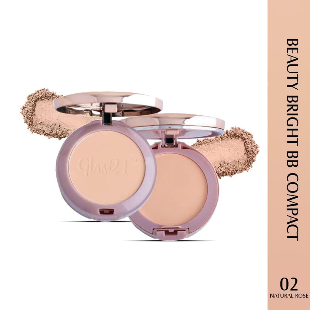 Glam21 Beauty Bright BB 2-in-1 Compact Powder | Long Lasting for Makeup Matte Finish with Vitamin-E | All Skin Type Natural Rose - 02