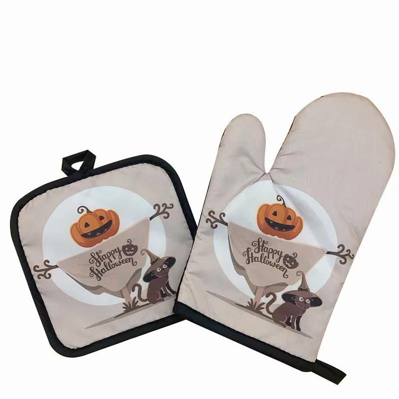 2 Stück/Set Polyester Weihnachten Halloween Ofenhandschuh Verbrühschutz Mikrowellen-Isolierpad Küchenwerkzeug