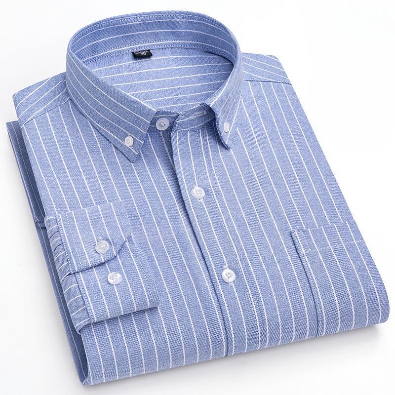 New Pure Cotton Business Men Oxford Shirt Long Sleeve Casual Plaid Striped with Chest Pocket Non-iron Autumn Spring