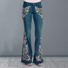 Yousheng Women Jeans Floral Embroidery Flared Leg Button Zipper Closure with Pockets Mid Waist Plus Size Long Trousers for Dating Daily Wear Commuting