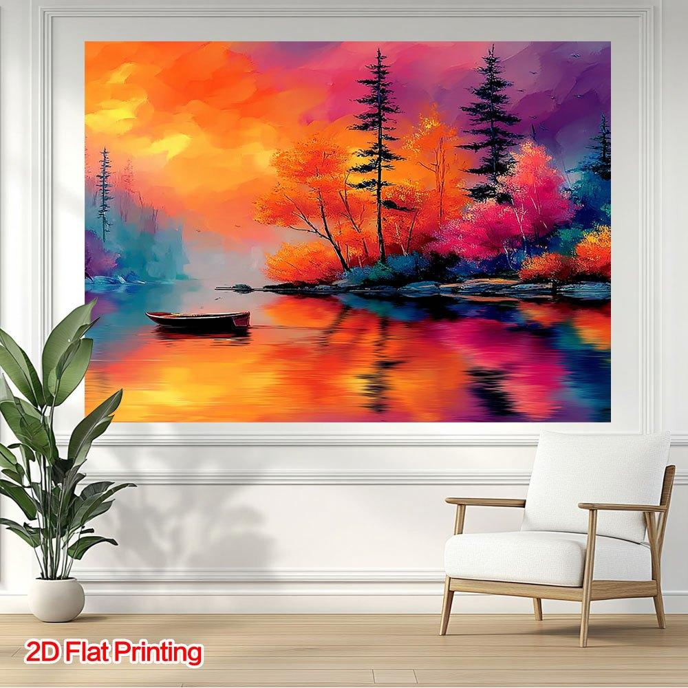 2D Flat Surface 1-piece Colored Autumn Lake Scenery Background Fabric Suitable for Studios and Rustic Farmhouses