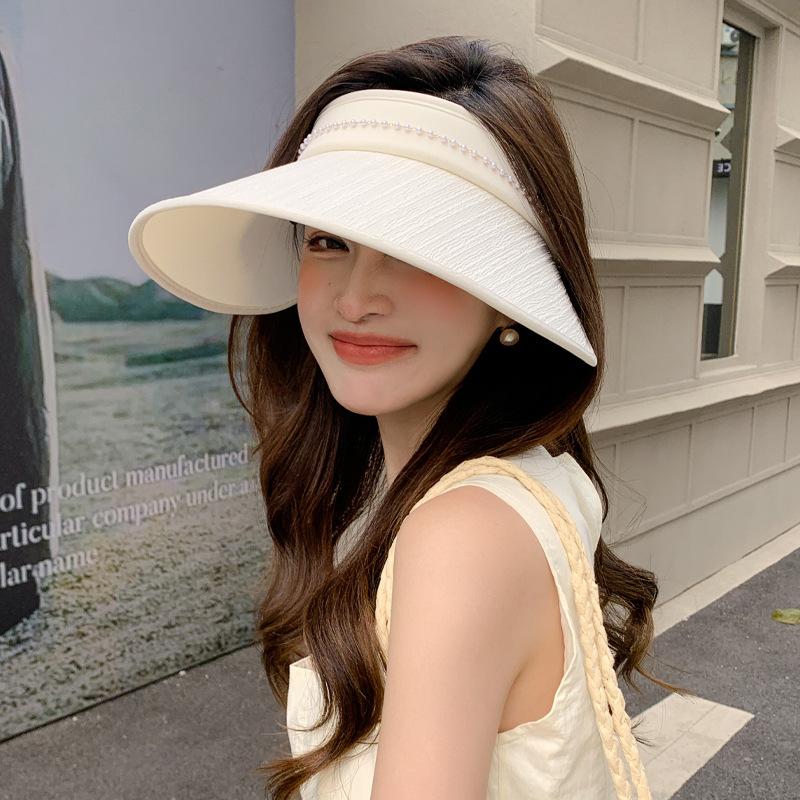 Hat Women's Summer Empty Top Sunscreen Hat Premium Sense Pearl Sun Hat Anti-UV Breathable Face Hat Tide