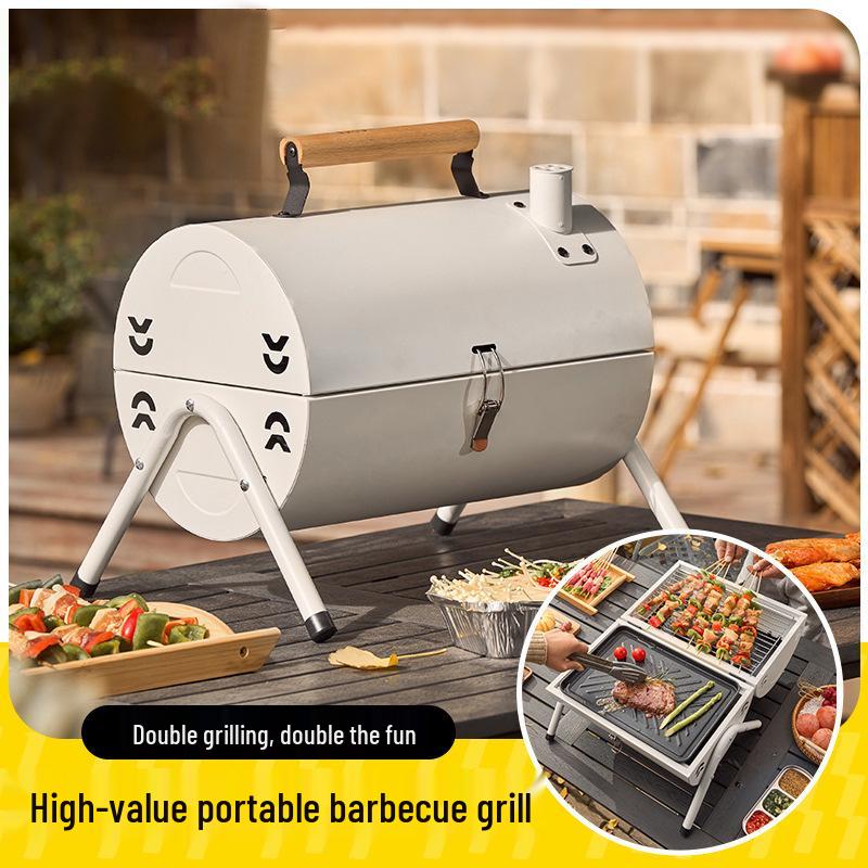 Grătar Portabil de Exterior pe Cărbune cu Coș de Fum pentru Barbecue - Afumător de Carne Portabil pentru Gătit în Curte