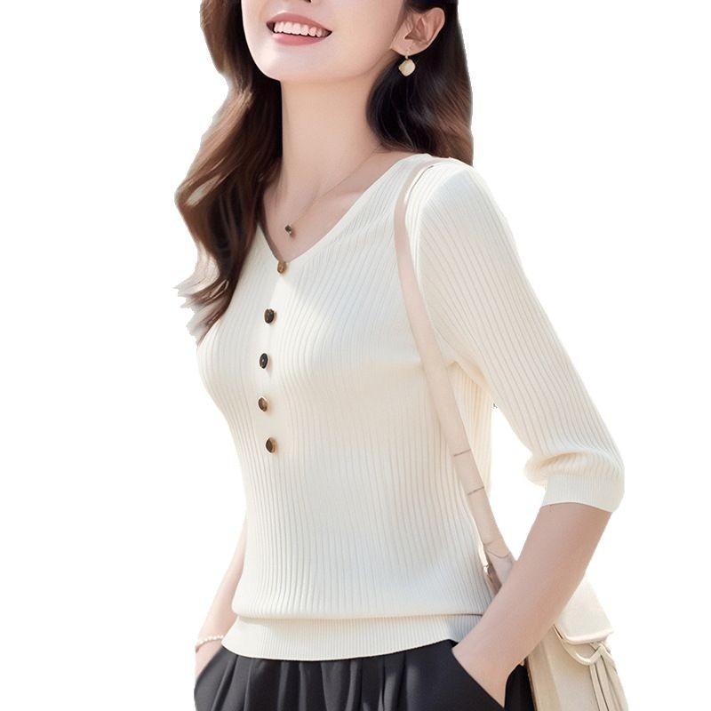 Early autumn seven-quarter-sleeved knitted sweater medium-sleeved top bottoming shirt