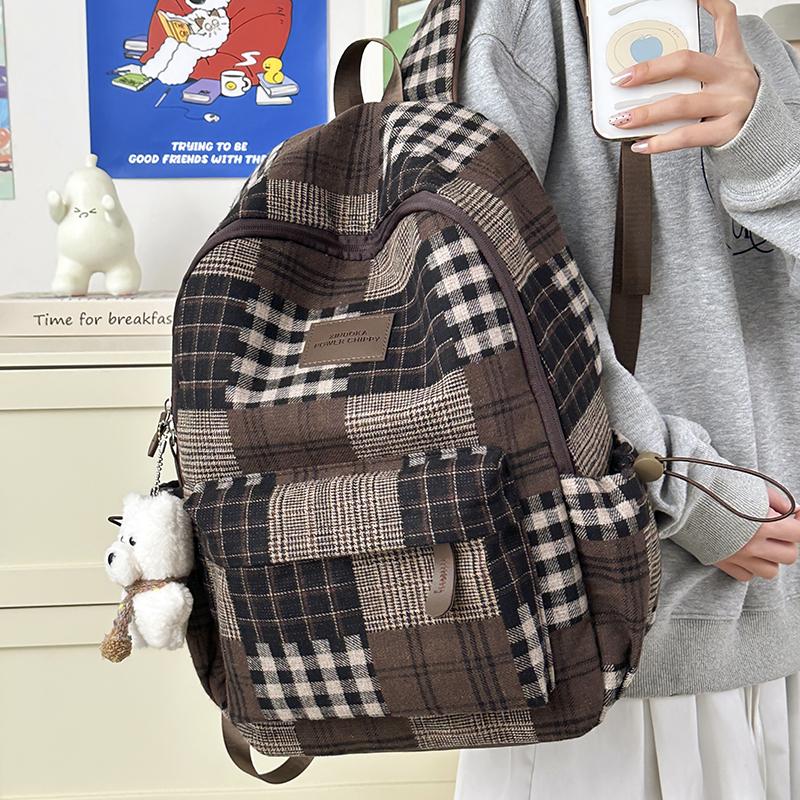 Sac à dos à carreaux rétro pour femme Sac d'école pour étudiant