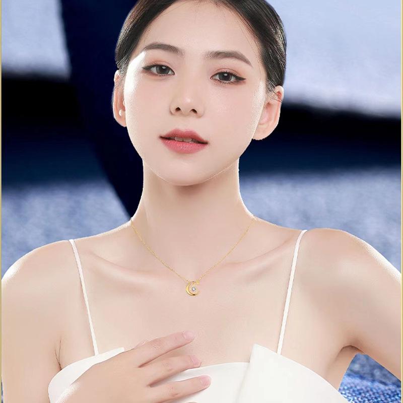 Vietnam Sand Gold Diamond Star & Moon Necklace – Gold-Plated Brass Pendant, Women's Minimalist Luxury Design