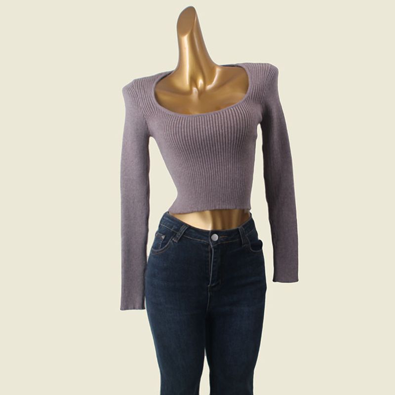 French Style Retro Scoop off-Shoulder Knitting Base Long Sleeves Women's Autumn High Waist Short Soft Glutinous Sunken Stripe Tops