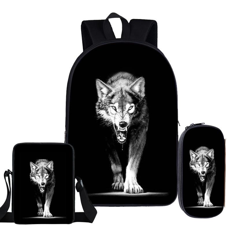 Trendy Popular Novelty wolf 3D Print 3pcs/Set pupil School Bags Laptop Daypack Backpack Inclined shoulder bag Pencil Case