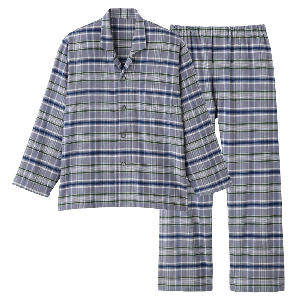 

Gunze Gray Cotton Pajamas with No Side Long Sleeves and Pants Dyed Brushed Fabric Men s 100% Seams, (Front Opening), Flannel, (SF4094)